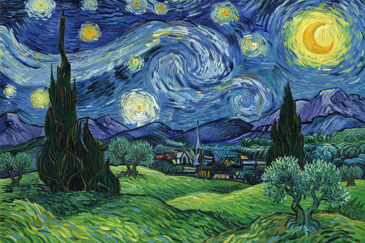 Van Gogh-inspired landscape with green field, trees, mountains and starry sky